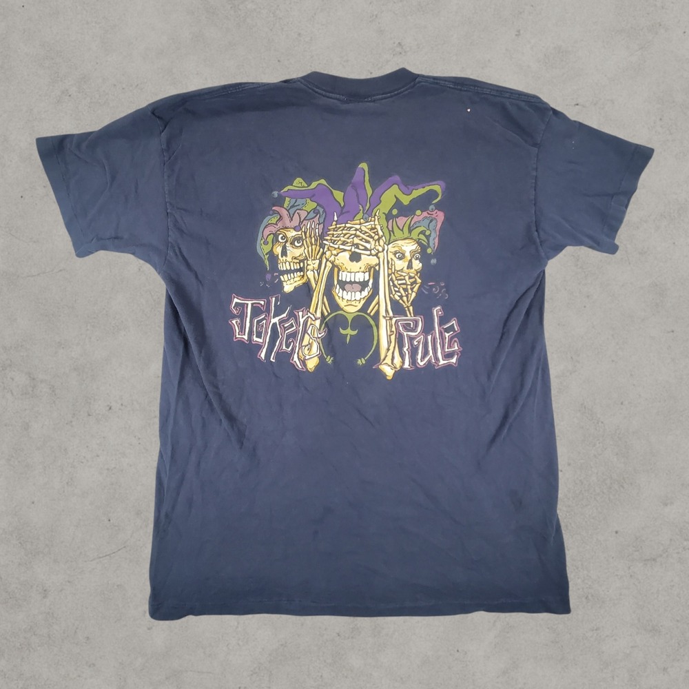 Vintage Bullhead Shirt Mens XL Navy Blue Skeleton Jester Jokers Rule 90s Rare